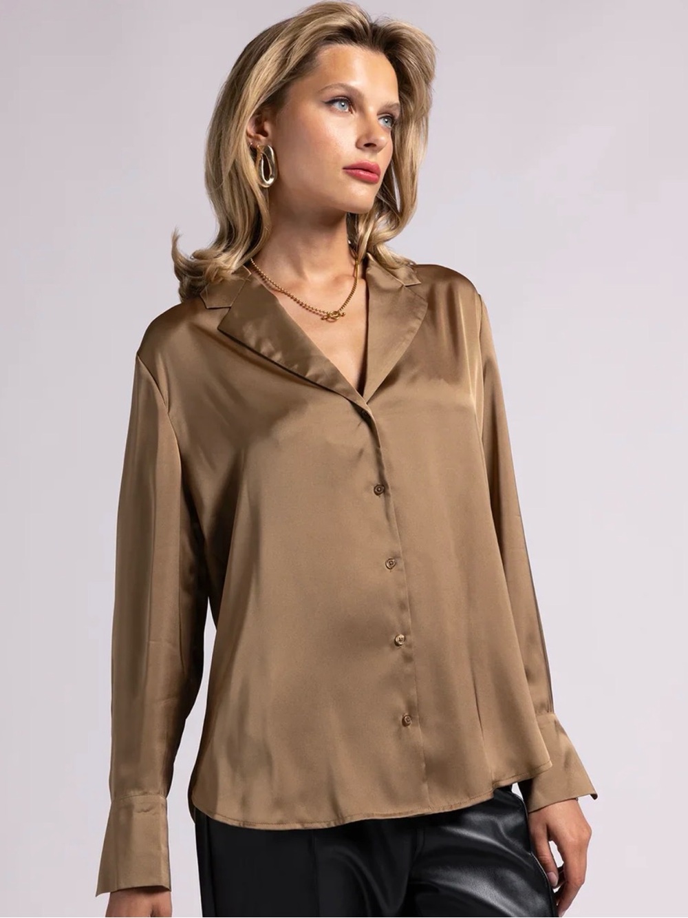 Satin Notch-Collar Button-Down Shirt in Warm Brown